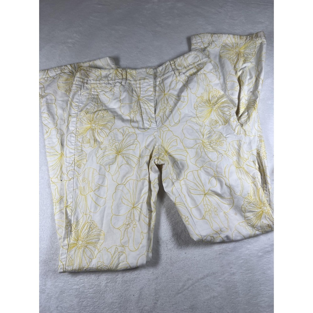 Carlisle Dress Pants Womens 4 White Yellow Embroidered Floral Straight Leg Twill